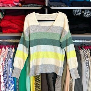 Loft ecru/green/gray/yellow striped v neck long sleeve sweater size S